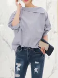 Buttoned Stripes Long Sleeve Slash Neck Casual Blouse