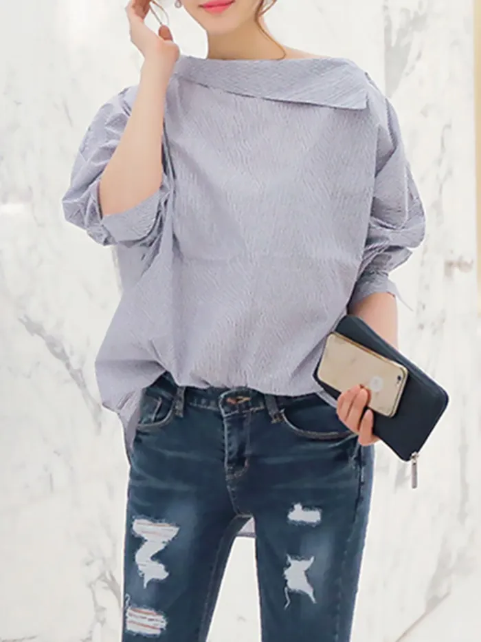 Buttoned Stripes Long Sleeve Slash Neck Casual Blouse