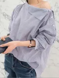 Buttoned Stripes Long Sleeve Slash Neck Casual Blouse