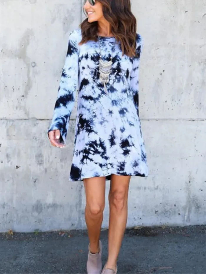 Back Hollow-up Printed Vintage Round Neck Long Sleeve Causal  Dresses