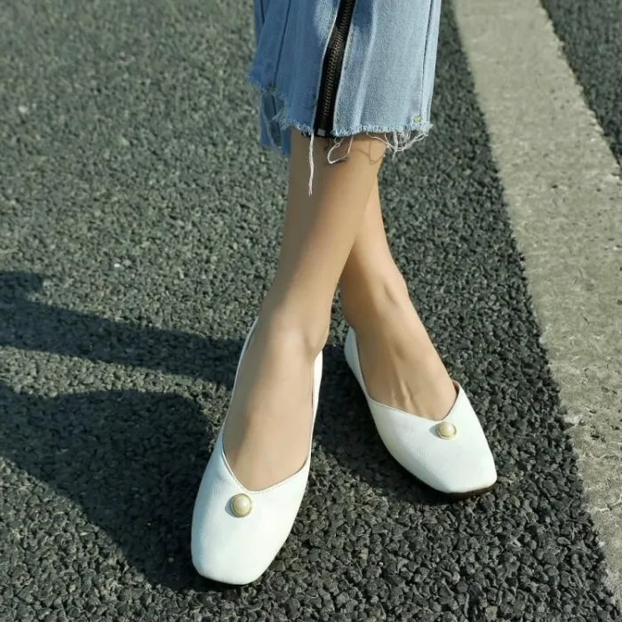 Yellow Flat Heel Imitation Pearl Casual All Season PU Flat