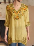 V Neck Casual Cotton-Blend Plain Shirts & Tops