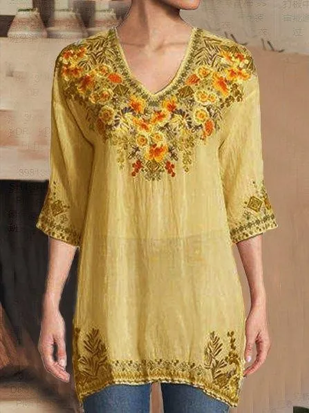 V Neck Casual Cotton-Blend Plain Shirts & Tops