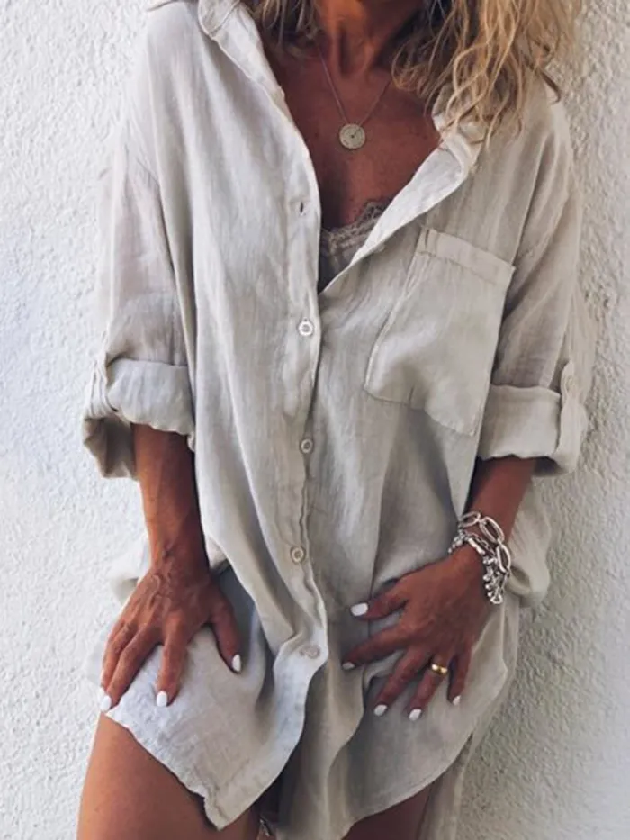 V Neck Buttoned Long Sleeve Blouses&shirts