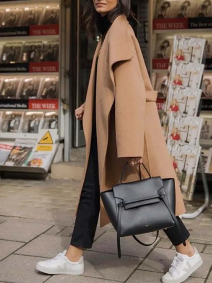 Camel Long Sleeve Plain V Neck Outerwear
