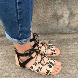 Women Casual Leopard Lace Up Flat Sandals