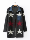 Star Wool Blend Patchwork Pockets Long Sleeve Cardigans