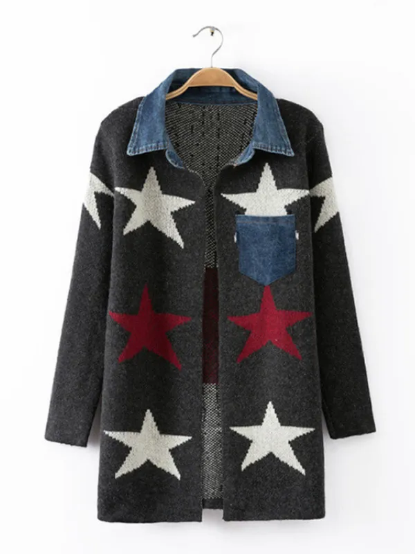 Star Wool Blend Patchwork Pockets Long Sleeve Cardigans