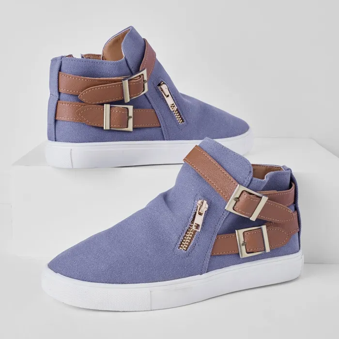 Plus Size Canvas Ankle Boots Flat Heel Buckle Booties with Zipper
