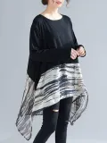 Patchwork Crew Neck Long Sleeve Loose Blouse