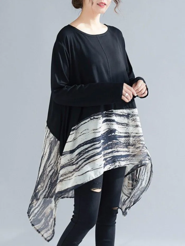 Patchwork Crew Neck Long Sleeve Loose Blouse