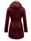Women Double Breasted Slim Hoodie Solid Casual Long Pea Coat with Belt