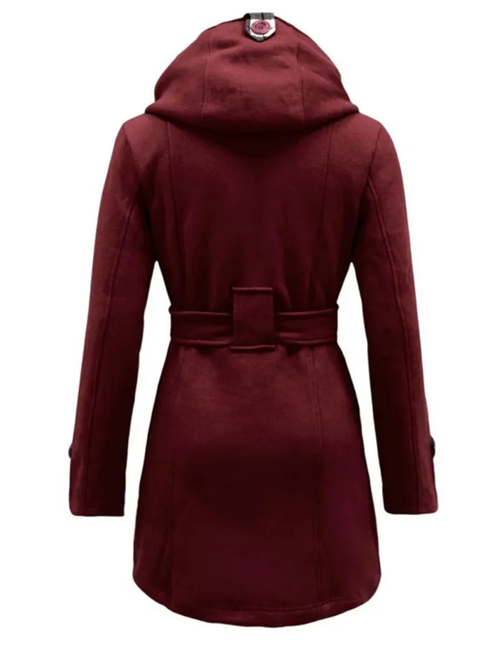 Women Double Breasted Slim Hoodie Solid Casual Long Pea Coat with Belt
