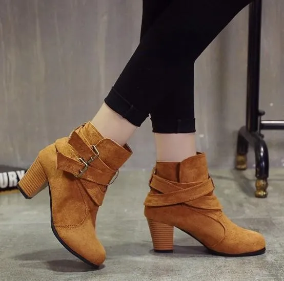 Coffee Plus Size Spring/Fall Adjustable Buckle Suede Chunky Heel Boots