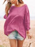 Solid Round Neck Casual Cotton-Blend Shirts & Tops