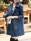 Washed Denim Pockets Long Sleeve Shawl Collar Plus Size Coat