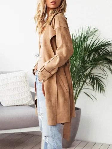 Khaki Elegant Paneled Pu Plain Coat
