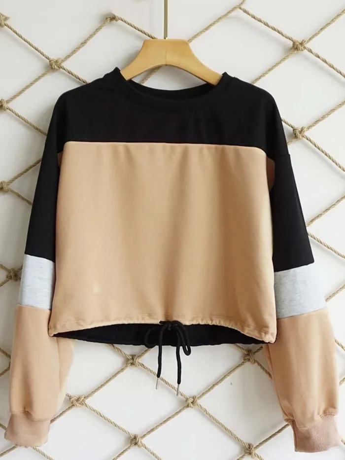 Long Sleeve Casual Color-block Crew Neck Plus Size Blouse