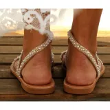 Women Boho Handmade Pearl Beach Sandals  Bridal Shoes