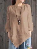 Women Cotton Crew Neck Casual Blouses Shirt