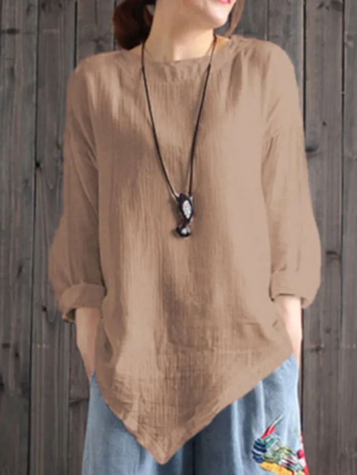 Women Cotton Crew Neck Casual Blouses Shirt