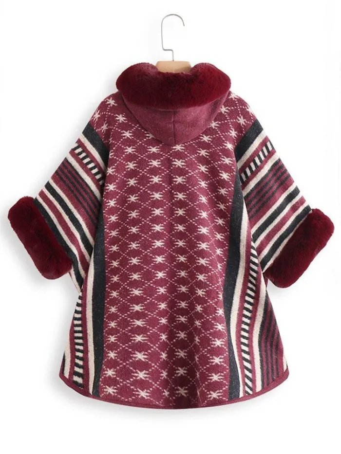 Elegant Faux Fur Oversized Stripe Poncho Coat