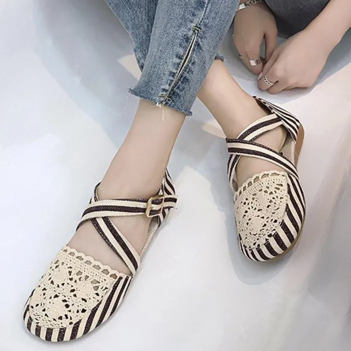 Women Preppy Canvas Fisherman Shoes Buckle Hollow Out Flats