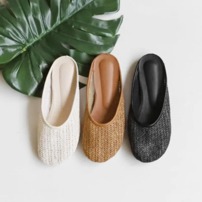 Women Beach Pu Flats Faux Straw Braided Slippers Shoes