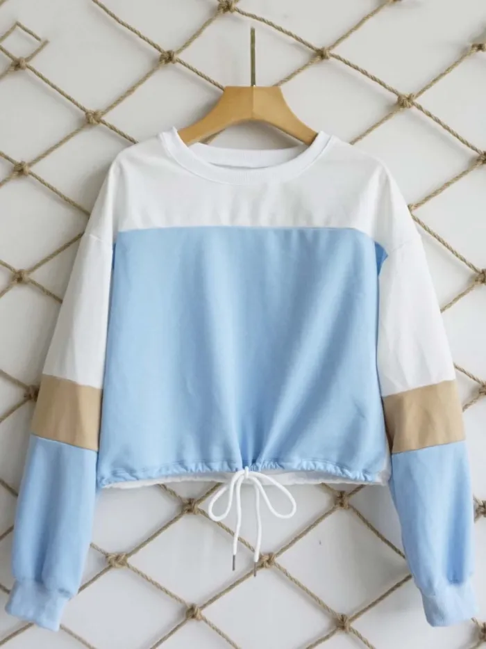 Long Sleeve Casual Color-block Crew Neck Plus Size Blouse