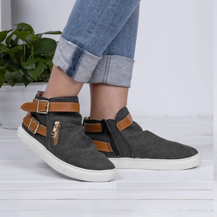 Plus Size Canvas Ankle Boots Flat Heel Buckle Booties with Zipper