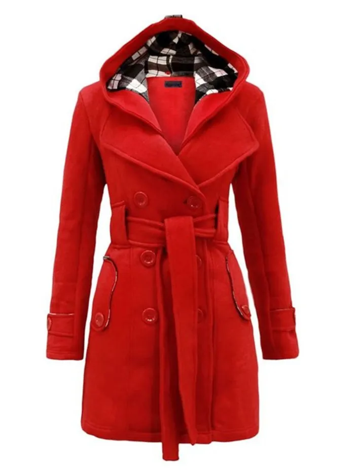 Women Double Breasted Slim Hoodie Solid Casual Long Pea Coat with Belt