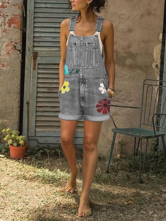 Sleeveless Denim Floral Floral-Print shorts One-Pieces