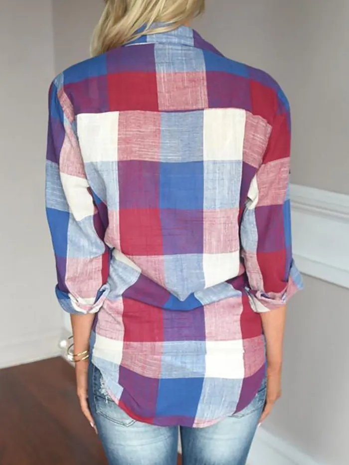 Casual Cotton Shirt Collar Gingham Blouse