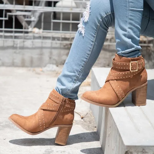 Women Flocking Booties Casual Comfort Chunky Heel Zipper Shoes