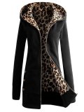 Women Zipper Leopard Print Casual Hoodie Coats