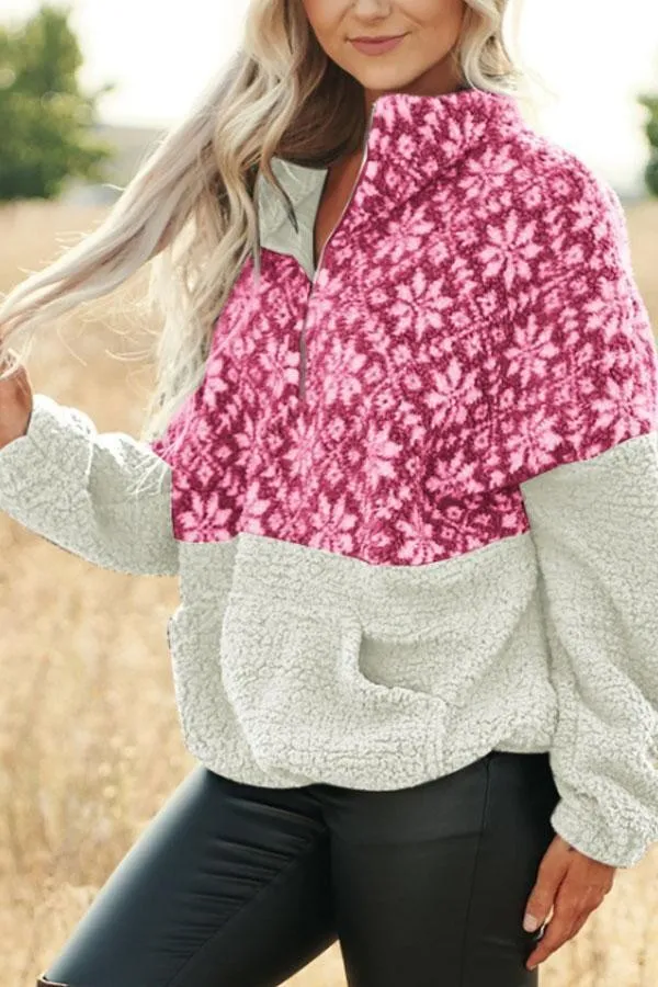 Christmas Snowflake Pullover Bend Collar Zipper Print Teddy Outerwear