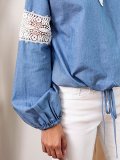 V neck Embroidered Solid Balloon Sleeve Blouse