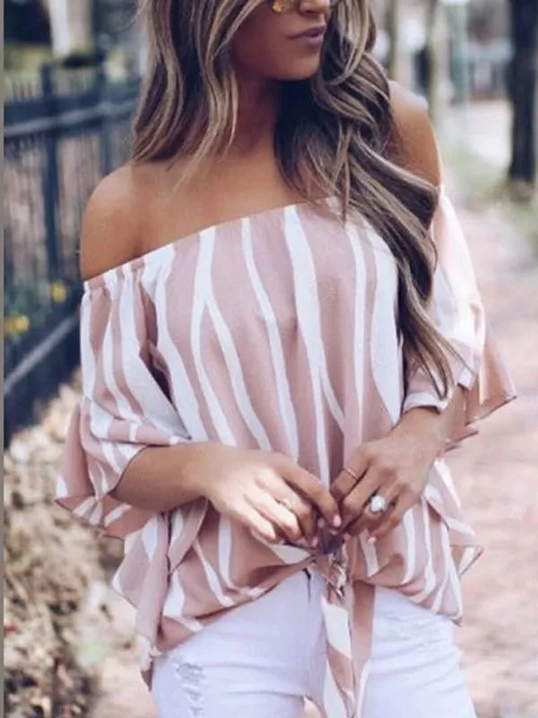 Off Shoulder Striped Batwing Sleeve Blouses