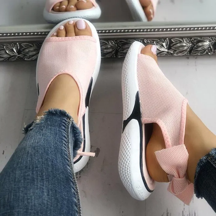 Women Mesh Fabric Sandals Casual Breathable Bowknot Embellished Shoes