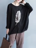 H-line Casual Batwing Feather Print Sweatshirt