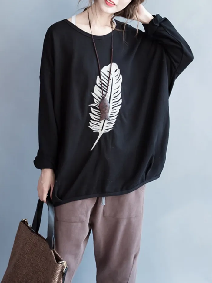 H-line Casual Batwing Feather Print Sweatshirt