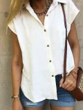 Casual Plain Shirt Collar Cotton-Blend Blouses&shirts