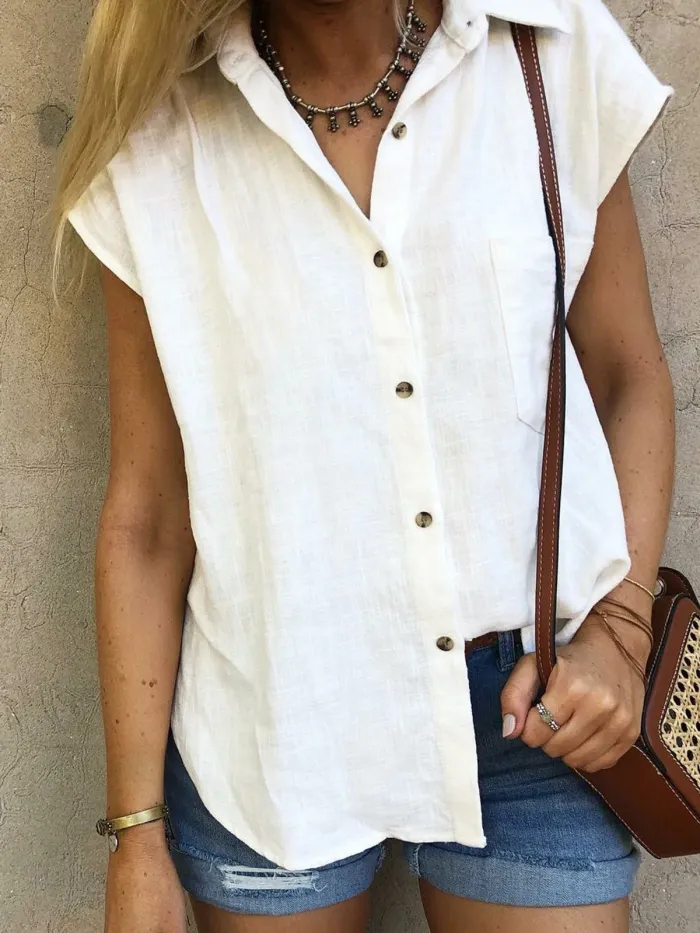 Casual Plain Shirt Collar Cotton-Blend Blouses&shirts