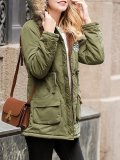 Khaki Solid Pockets Hoodie Casual Quilted Coat