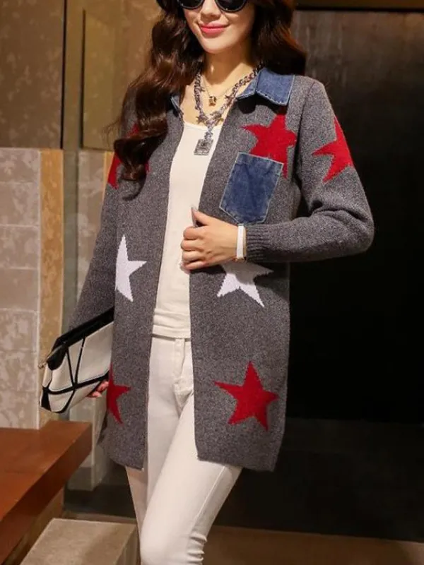 Star Wool Blend Patchwork Pockets Long Sleeve Cardigans