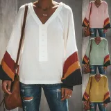 Paneled V Neck Bell Sleeve Casual Blouse&shirts