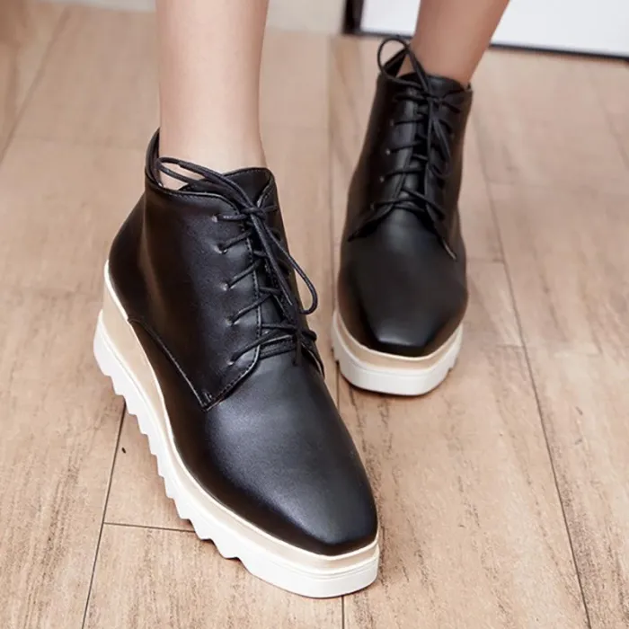 Women Wedge Heel Booties Casual Lace Up Plus Size Shoes