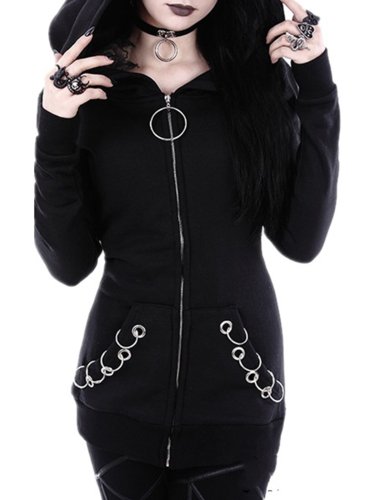 Black Hoodie Zipper Casual Long Sleeve Coat