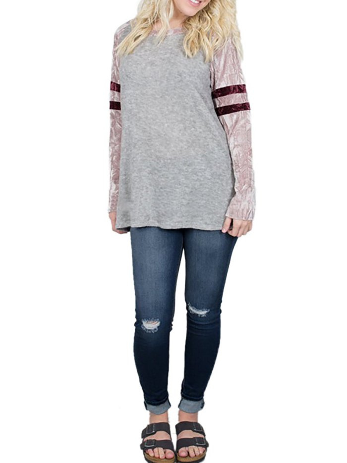 Womens Long-sleeved Parallel Striped Velvet Sweatshirt T-shirt