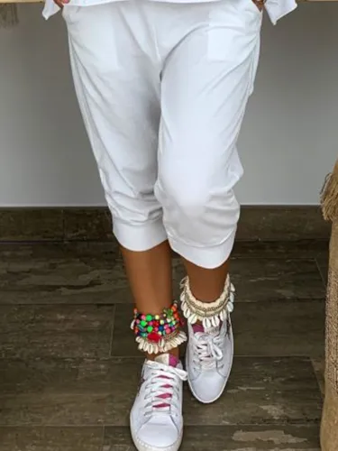 White Pockets Casual Cotton-Blend Solid Pants